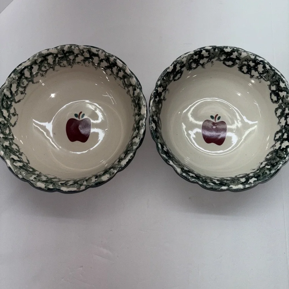 2 Vintage Stoneware Spongeware‎ Spatterware Apple Serving Bowls HEAVY 9